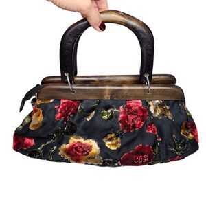 Velvet Beaded Floral Handbag Wood Handles Boho Evening Purse Y2K